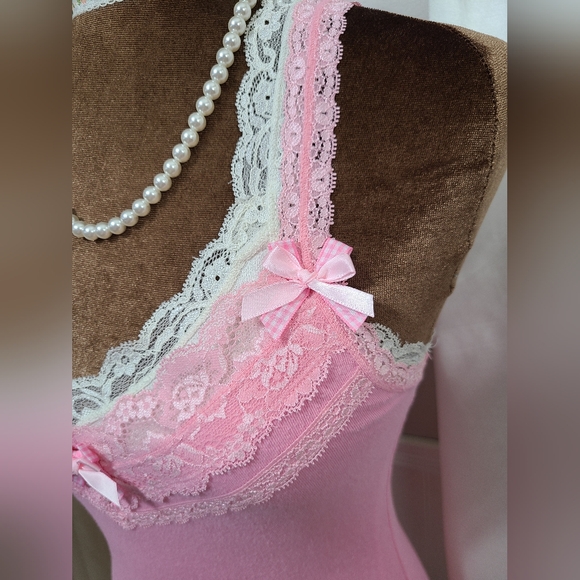 ♡ Y2K ♡ Hollister Baby Pink Lace Cami Satin Bow Coquette Tank Top - Picture 8 of 11